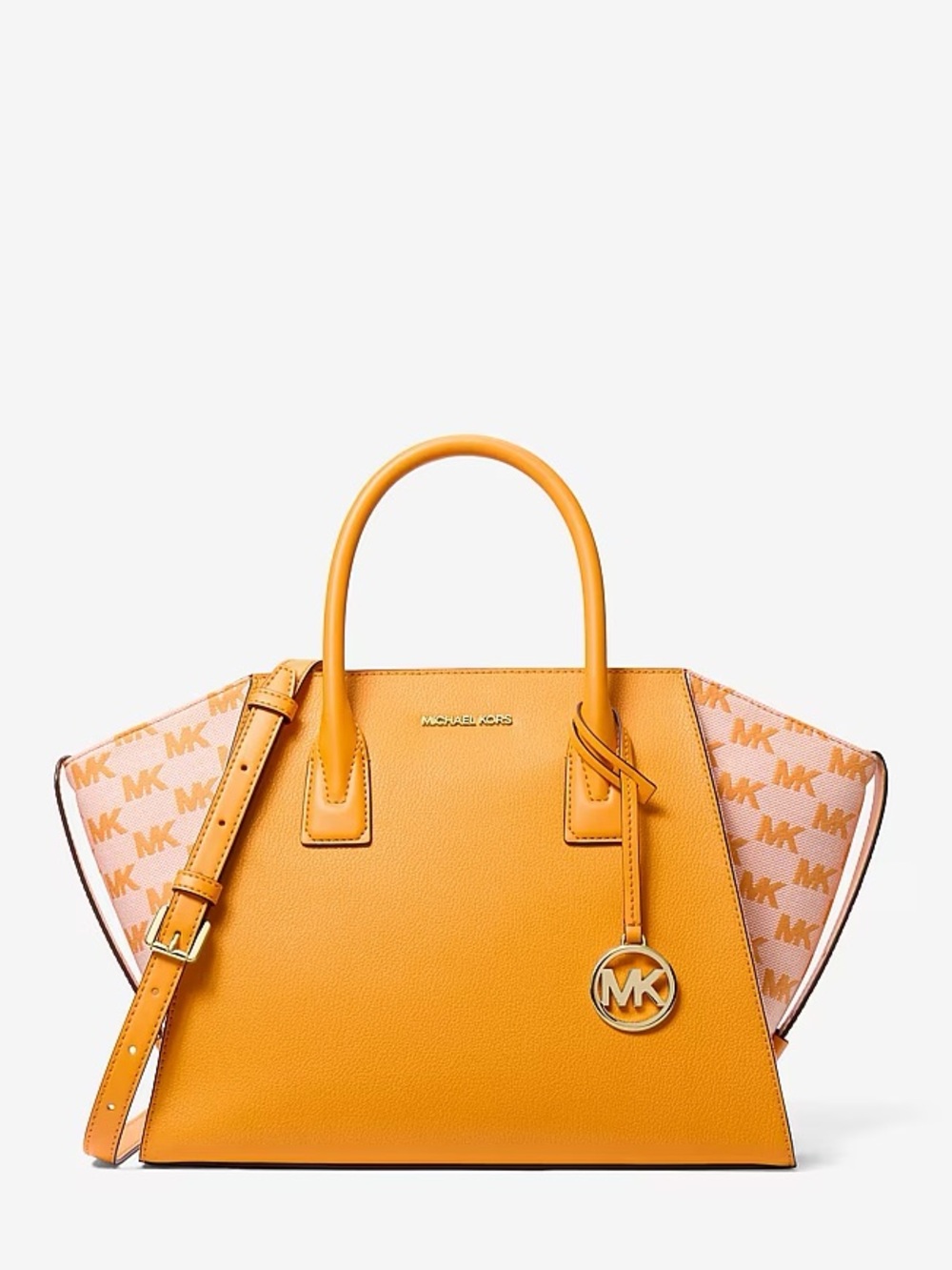 NWT Avril Michael Kors Orange Jacquard Logo-Trim Leather Large Satchel